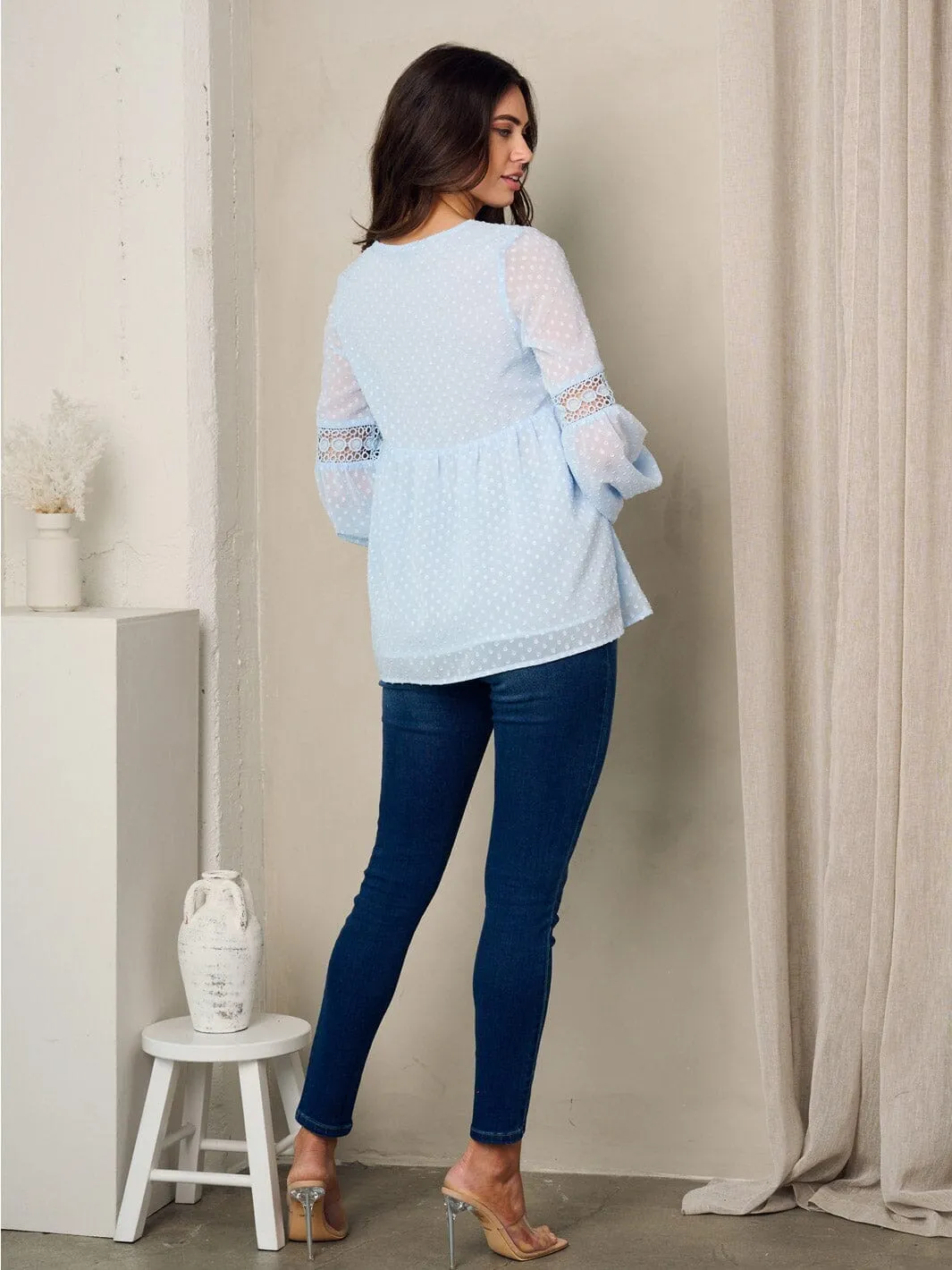 WOMEN'S LONG SLEEVE FRONT TIE SWISS DOTS TUNIC BLOUSE TOP