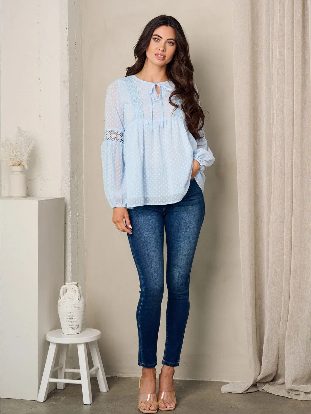 WOMEN'S LONG SLEEVE FRONT TIE SWISS DOTS TUNIC BLOUSE TOP