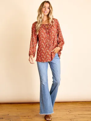 WOMEN'S LONG SLEEVE FRONT TIE TUNIC FLORAL TOP