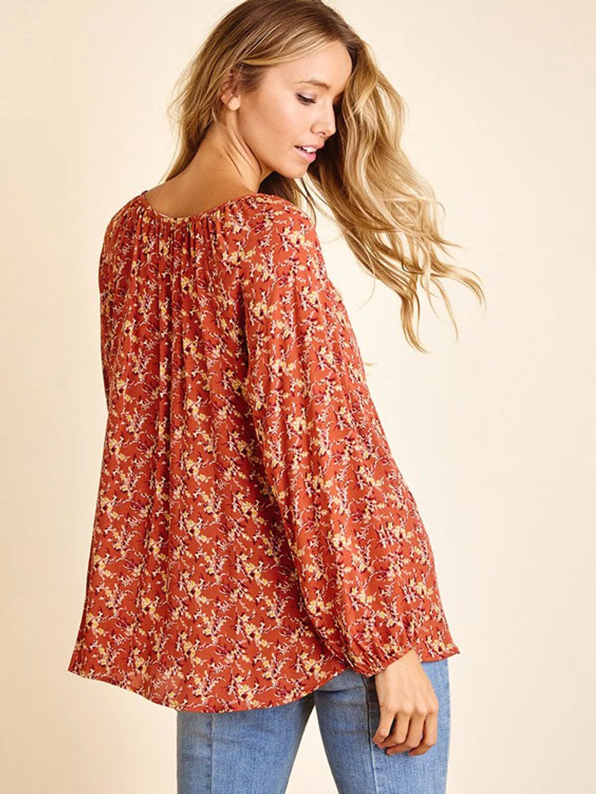 WOMEN'S LONG SLEEVE FRONT TIE TUNIC FLORAL TOP