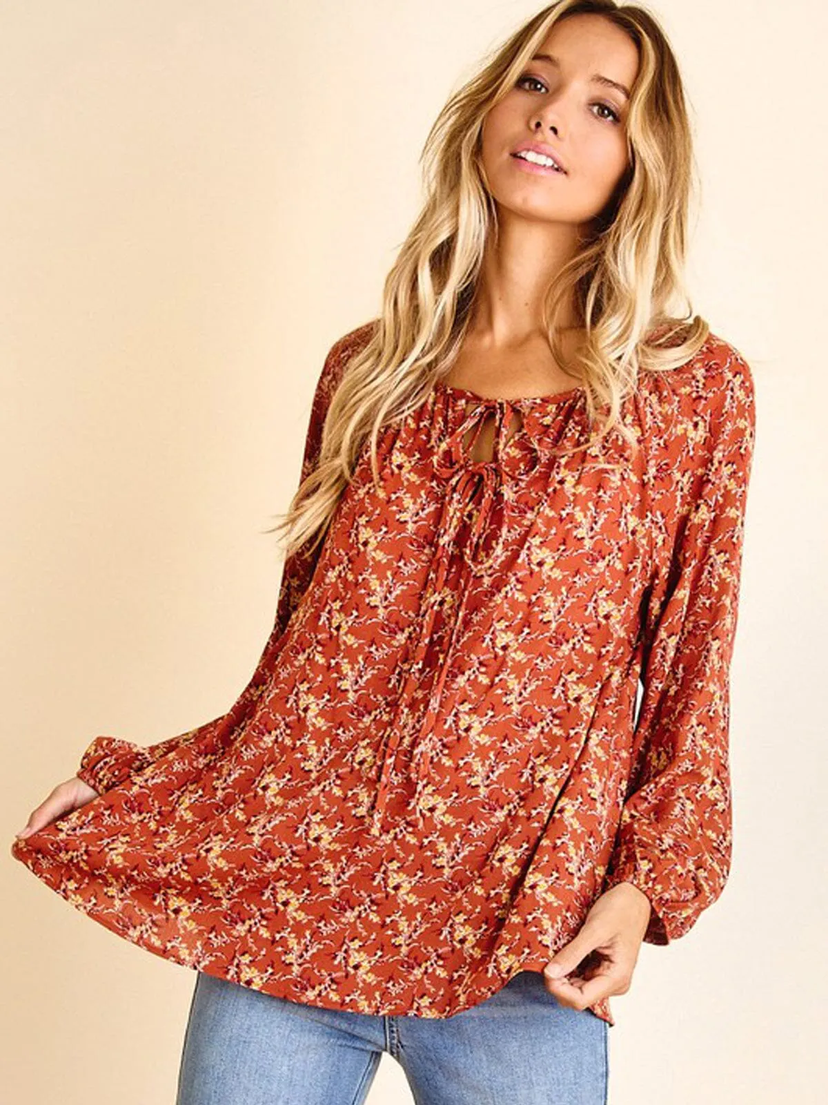 WOMEN'S LONG SLEEVE FRONT TIE TUNIC FLORAL TOP