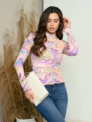 WOMEN'S LONG SLEEVE MOCK NECK RUCHED FRONT TOP