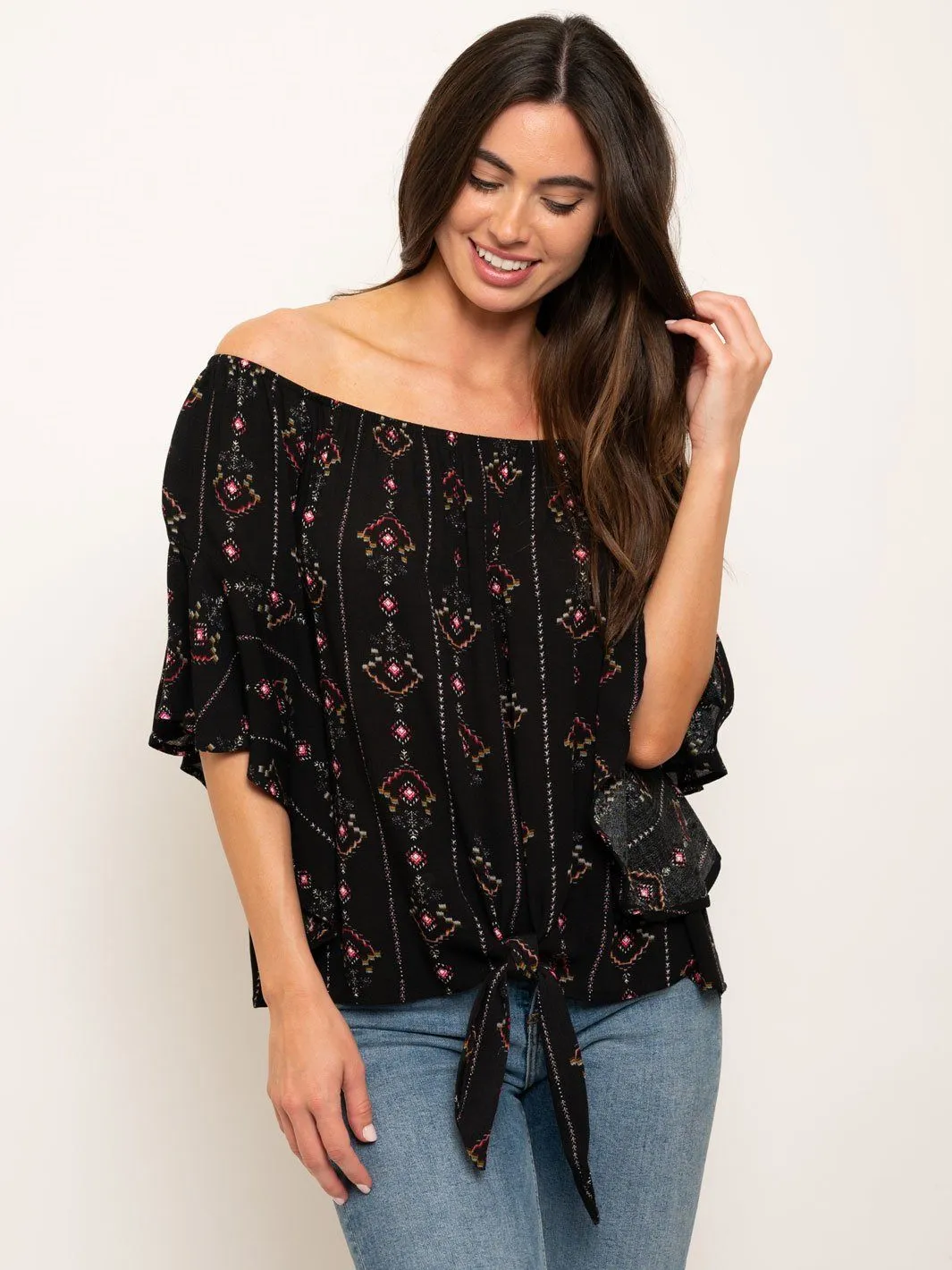 WOMEN'S OFF SHOULDER FRONT TIE TOP