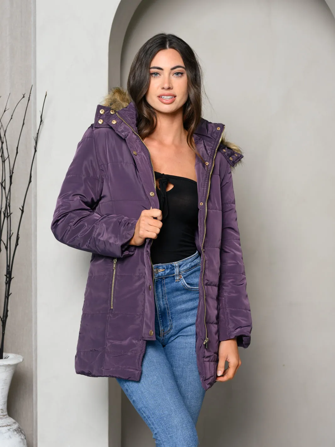 WOMEN'S PADDED BUTTON DOWN FUR HOODED JACKET
