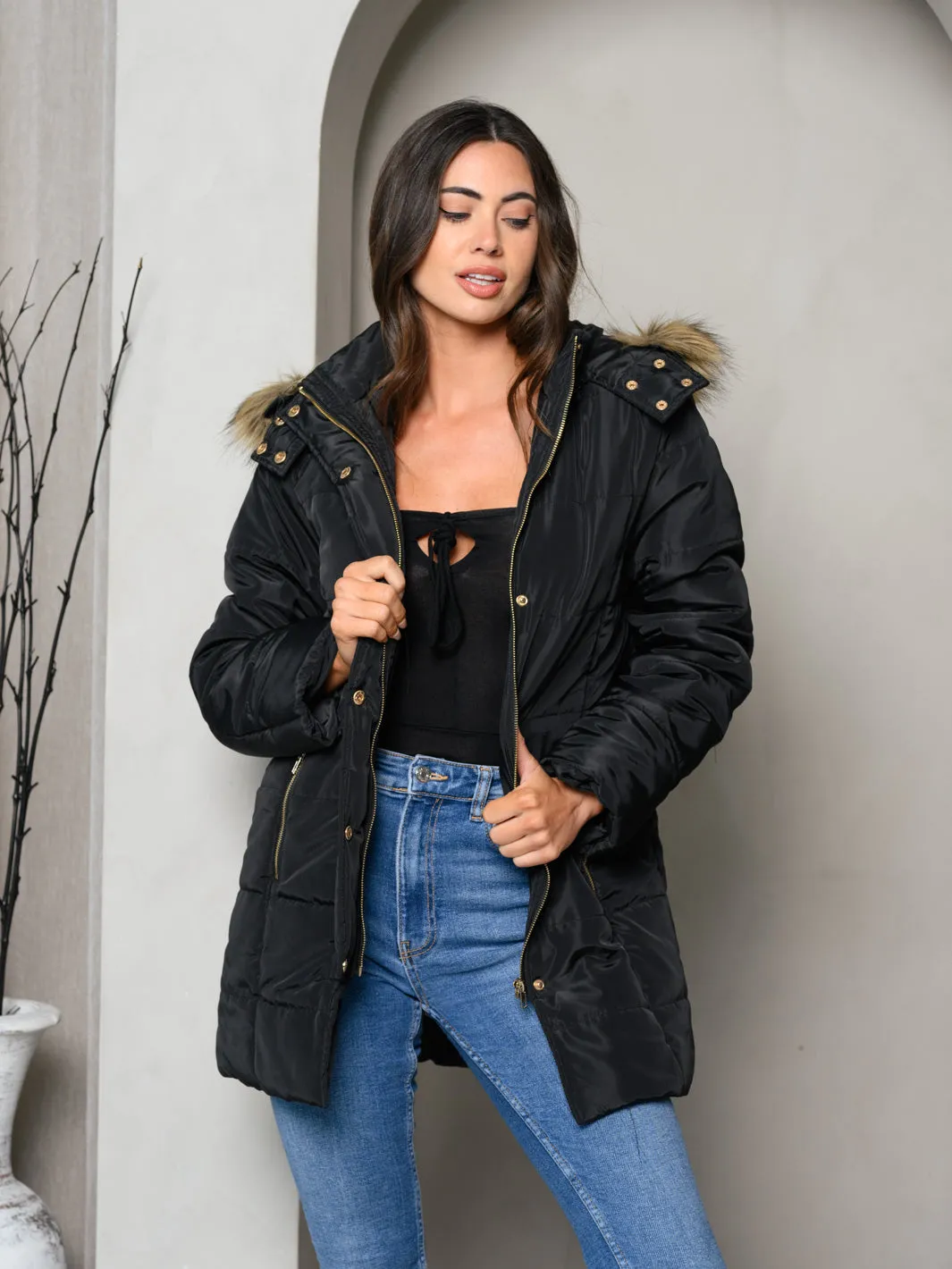 WOMEN'S PADDED BUTTON DOWN FUR HOODED JACKET