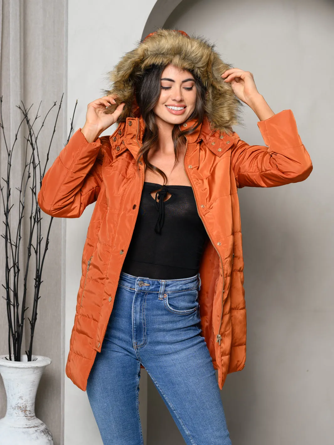 WOMEN'S PADDED BUTTON DOWN FUR HOODED JACKET
