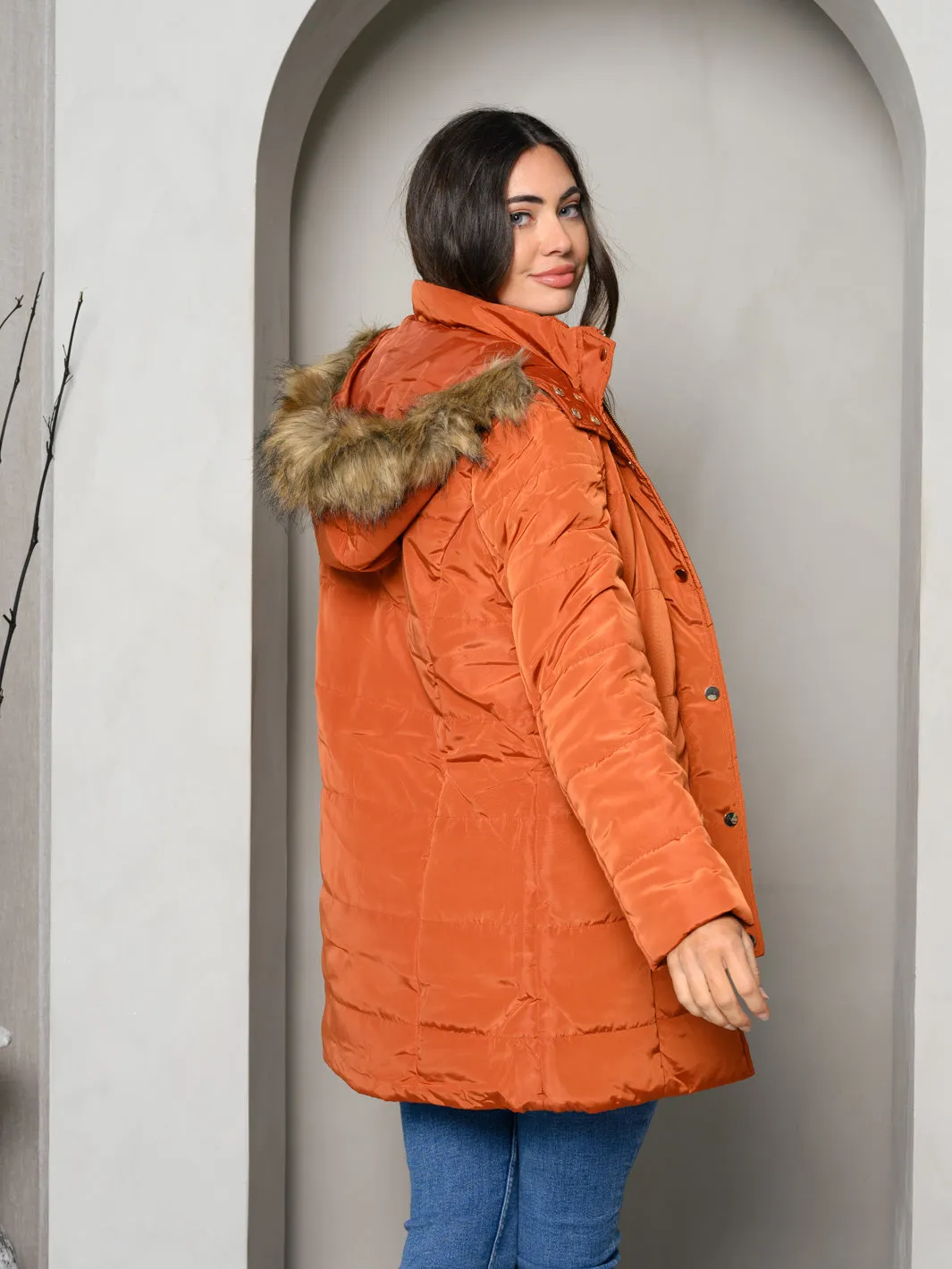 WOMEN'S PADDED BUTTON DOWN FUR HOODED JACKET