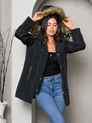 WOMEN'S PADDED BUTTON DOWN FUR HOODED JACKET