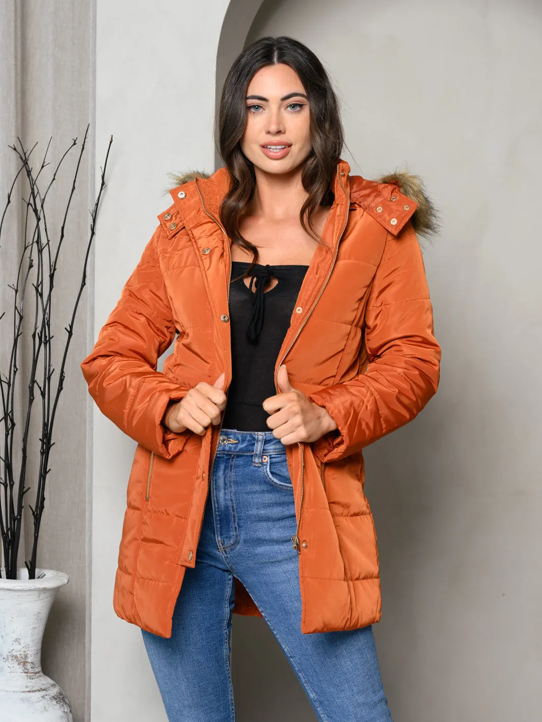 WOMEN'S PADDED BUTTON DOWN FUR HOODED JACKET