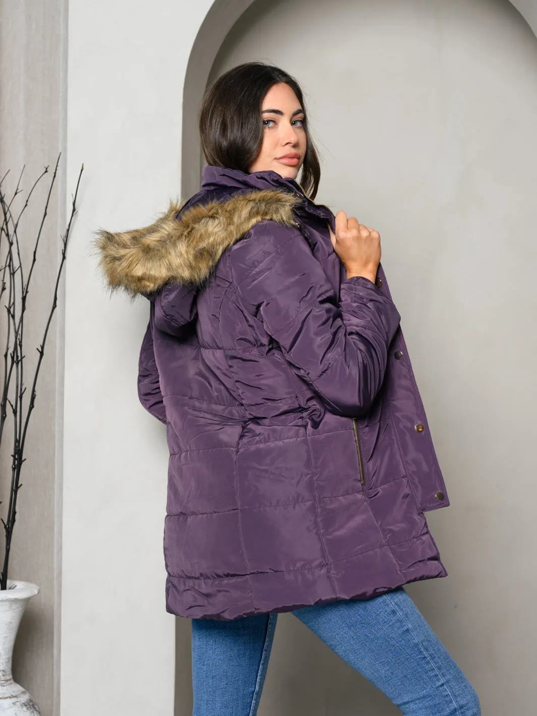WOMEN'S PADDED BUTTON DOWN FUR HOODED JACKET
