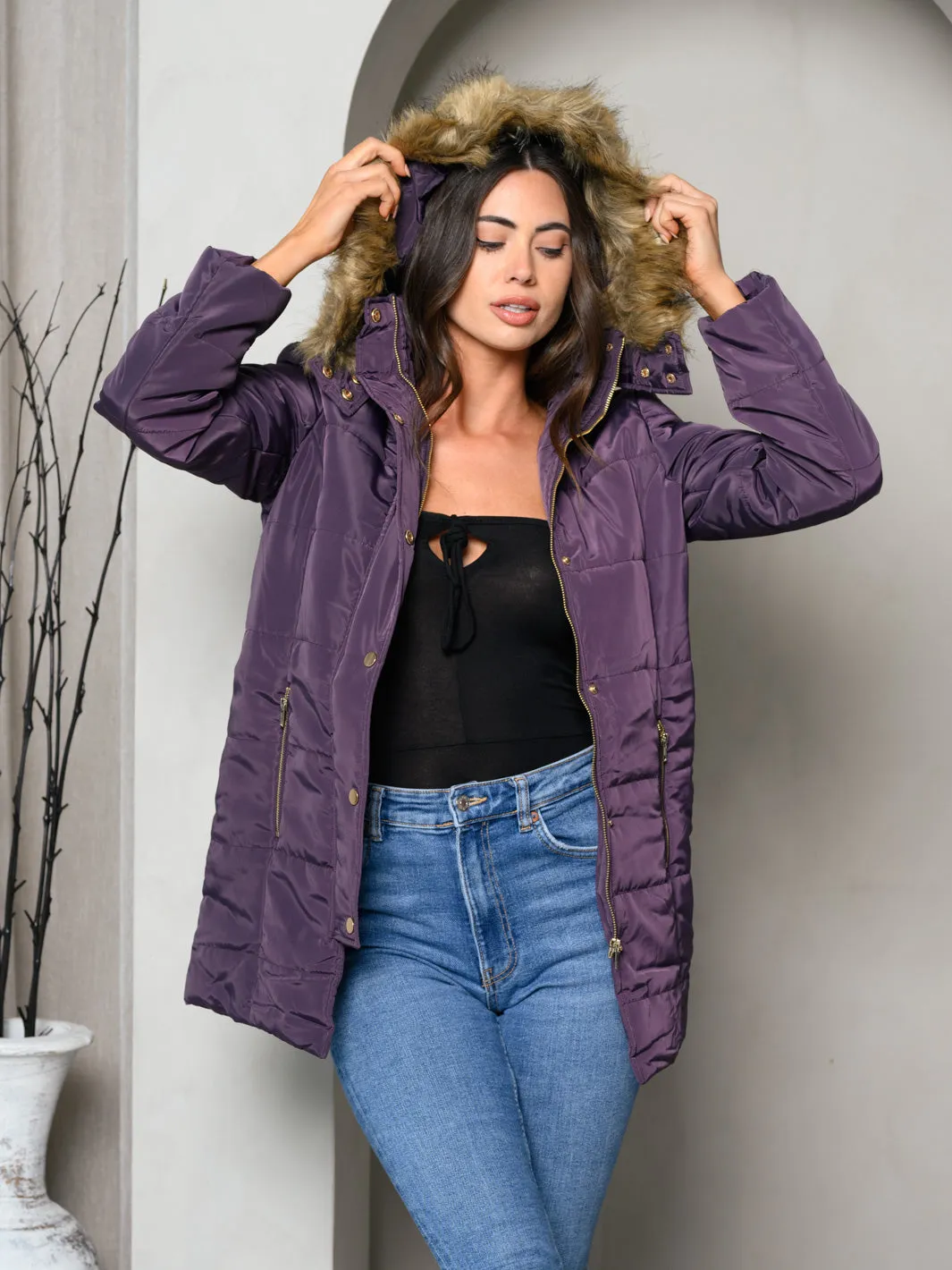 WOMEN'S PADDED BUTTON DOWN FUR HOODED JACKET