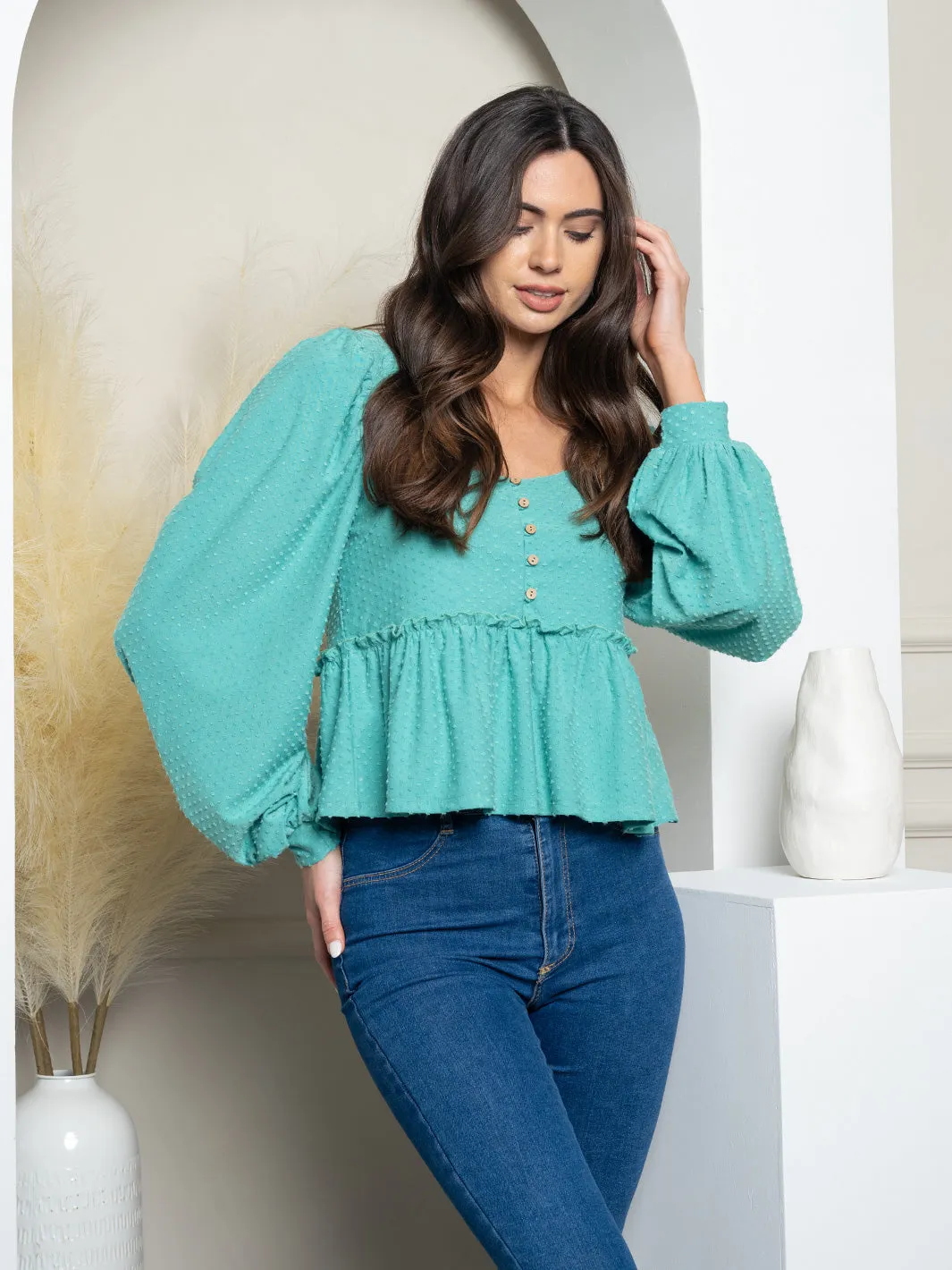 WOMEN'S PUFF LONG SLEEVE BUTTON UP SWISS DOT TOP