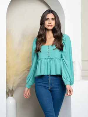 WOMEN'S PUFF LONG SLEEVE BUTTON UP SWISS DOT TOP
