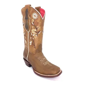 Women's Quincy Volcano White Sunflower Detail Boots Square Toe