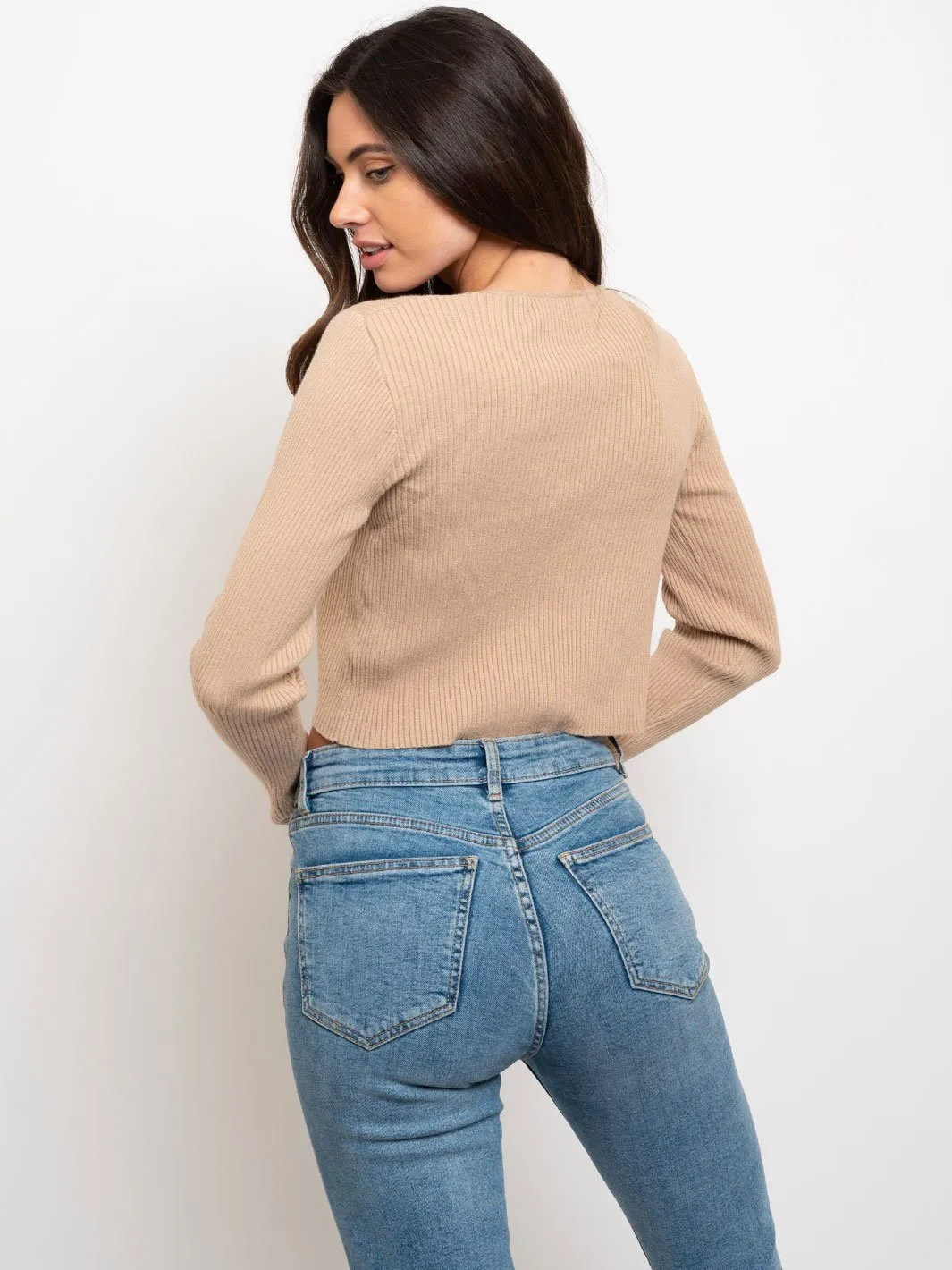 WOMEN'S RIBBED GATHERED LONG SLEEVE CROP TOP
