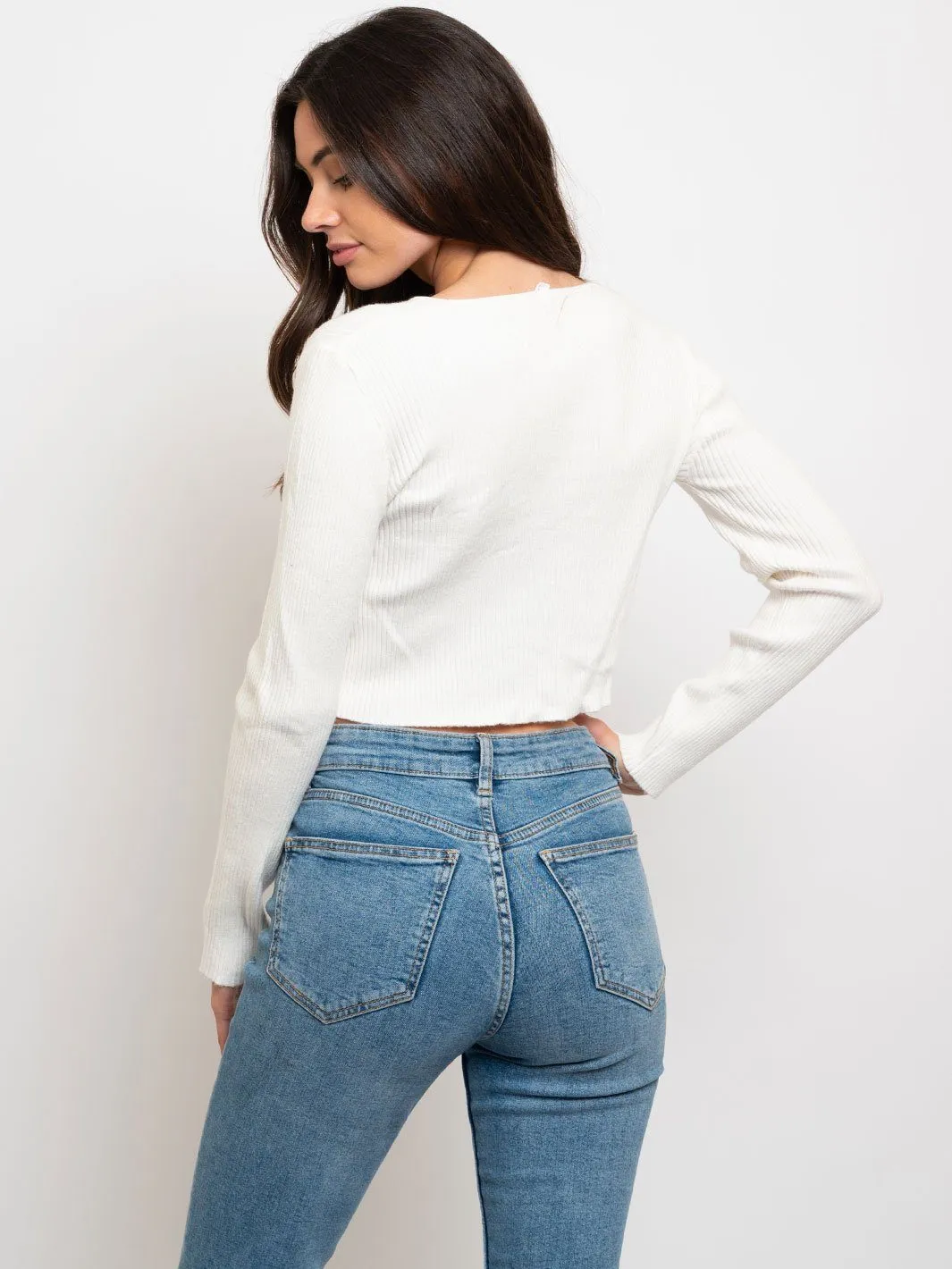 WOMEN'S RIBBED GATHERED LONG SLEEVE CROP TOP