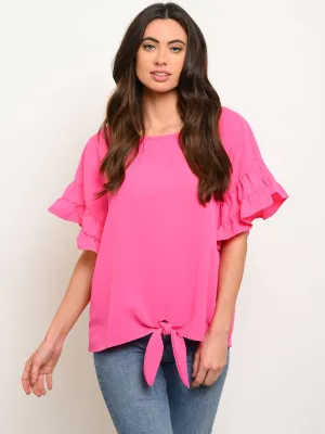 WOMEN'S RUFFLE SHORT SLEEVE FRONT TIE TOP
