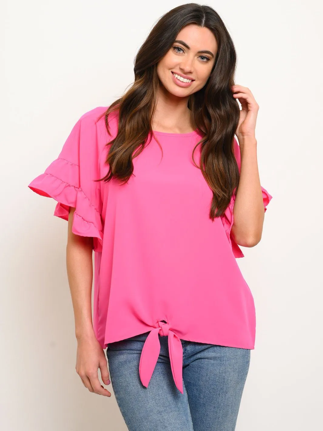 WOMEN'S RUFFLE SHORT SLEEVE FRONT TIE TOP