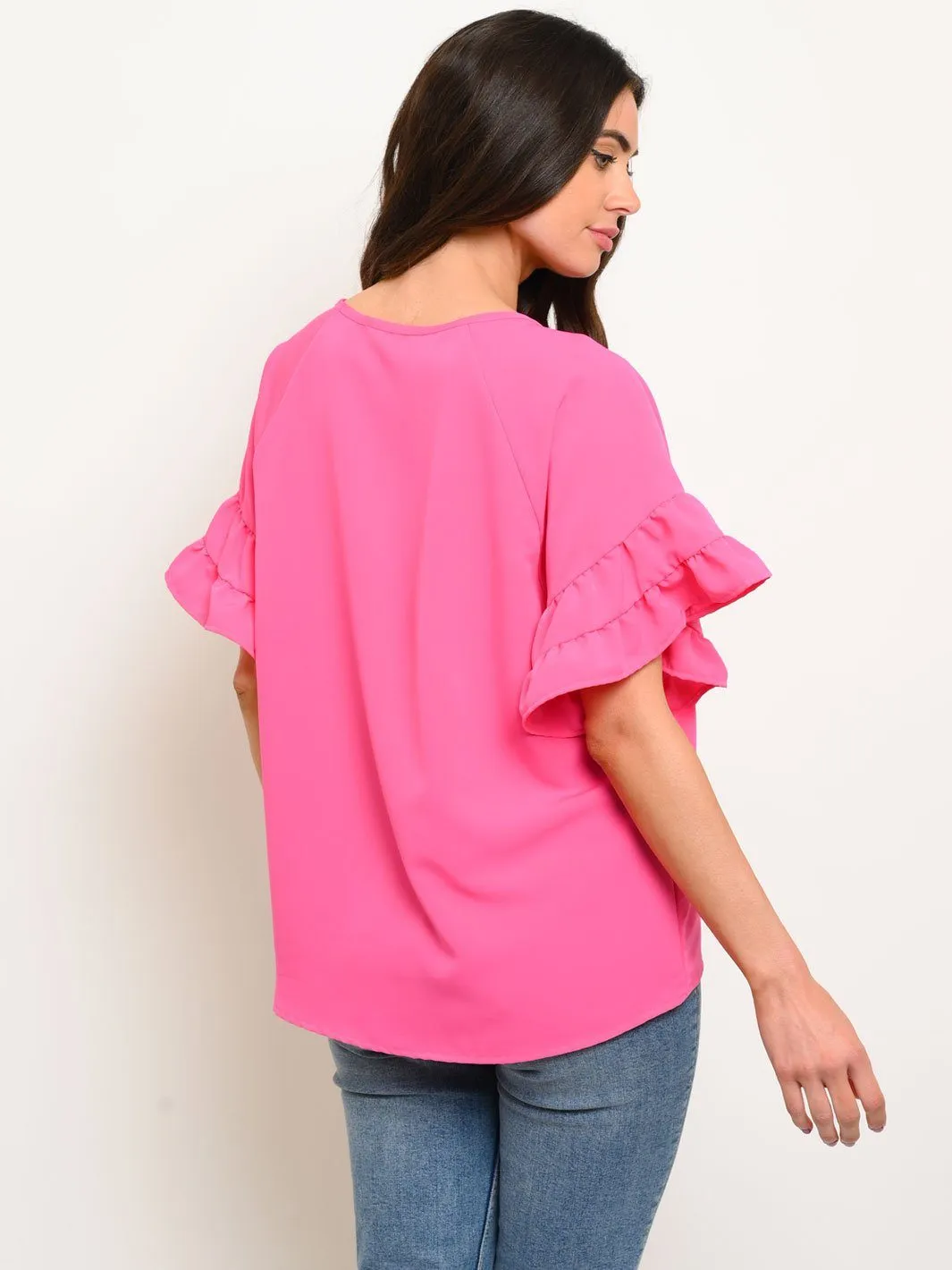 WOMEN'S RUFFLE SHORT SLEEVE FRONT TIE TOP