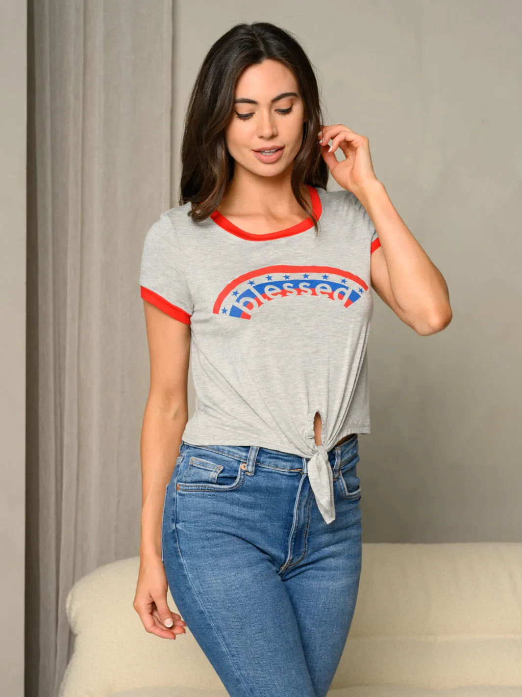 WOMEN'S SHORT SLEEVE GRAPHIC "BLESSES" FRONT TIE TOP