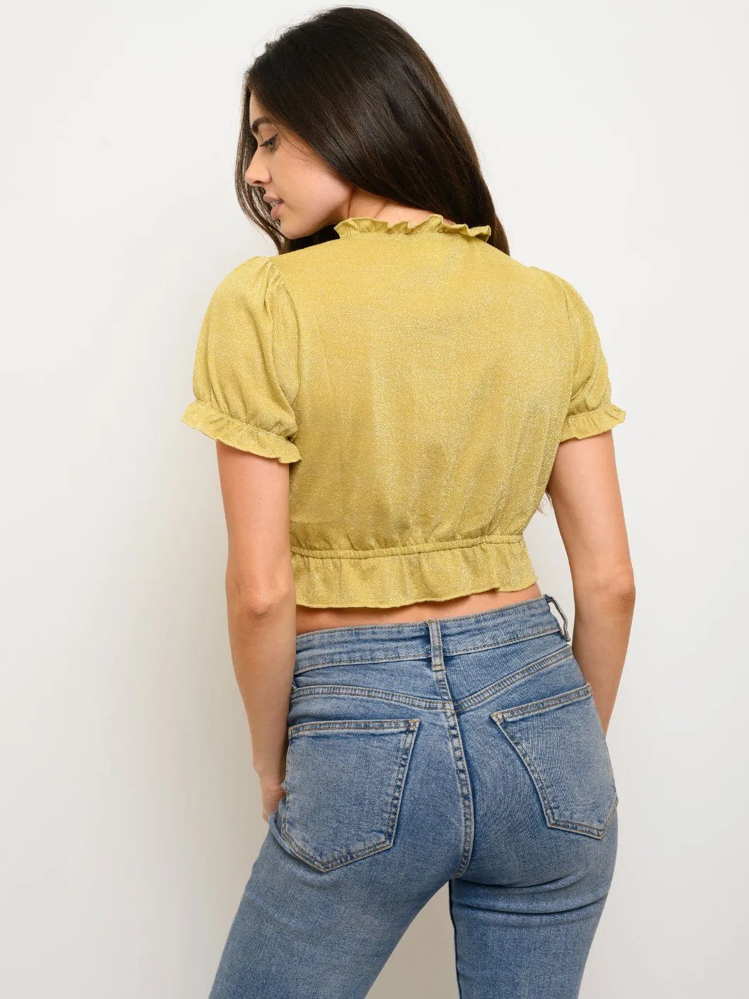 WOMEN'S SHORT SLEEVE SELF FRONT TIE CROP TOP