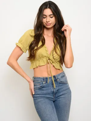 WOMEN'S SHORT SLEEVE SELF FRONT TIE CROP TOP