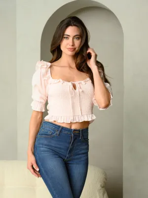 WOMEN'S SHORT SLEEVE SMOCK FRONT TIE TOP