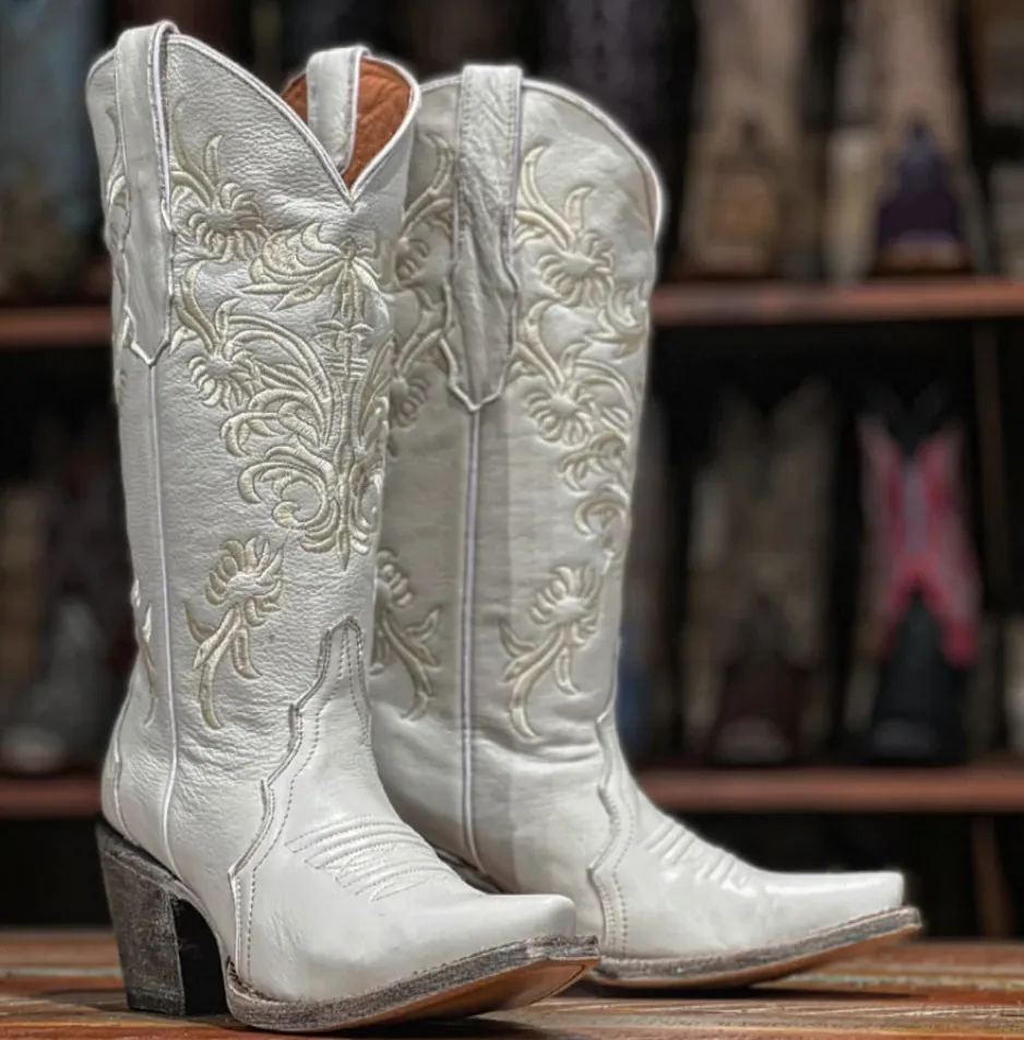 Women's Tanner Mark White Embroidered Boots Snip Toe