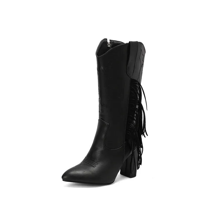 Women's Tassel Pointed Toe Block Heel Mid Calf Western Boots