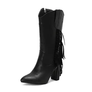 Women's Tassel Pointed Toe Block Heel Mid Calf Western Boots