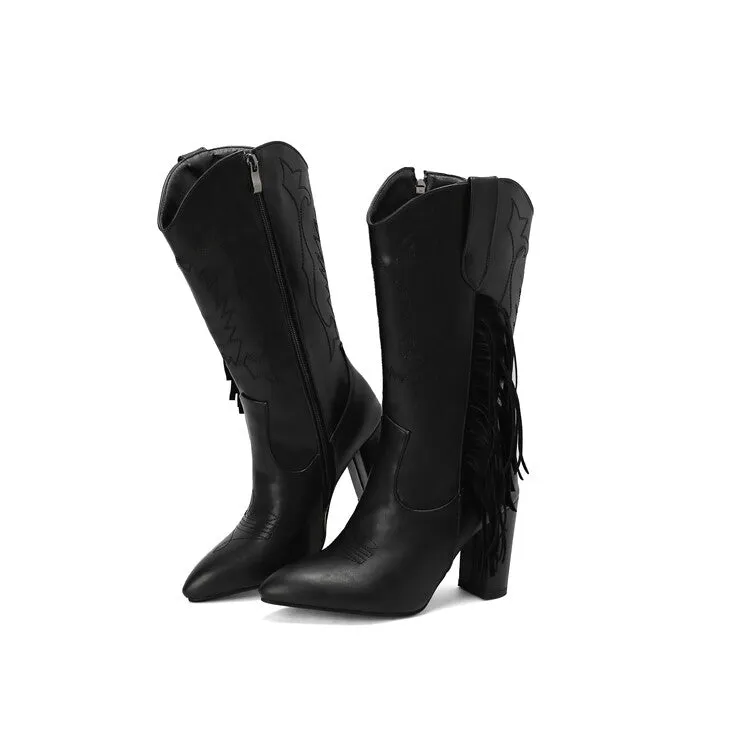Women's Tassel Pointed Toe Block Heel Mid Calf Western Boots