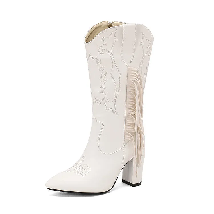 Women's Tassel Pointed Toe Block Heel Mid Calf Western Boots