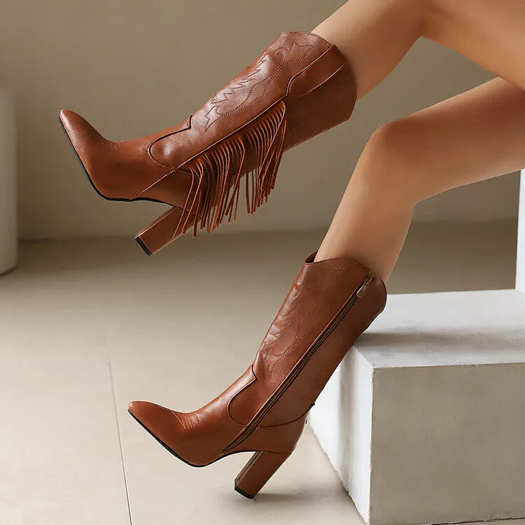 Women's Tassel Pointed Toe Block Heel Mid Calf Western Boots