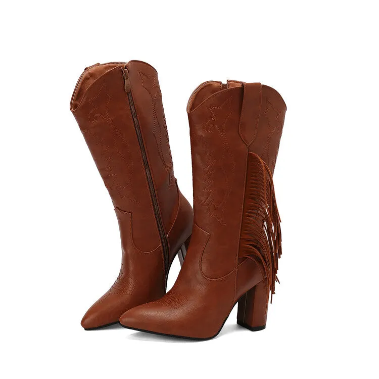 Women's Tassel Pointed Toe Block Heel Mid Calf Western Boots