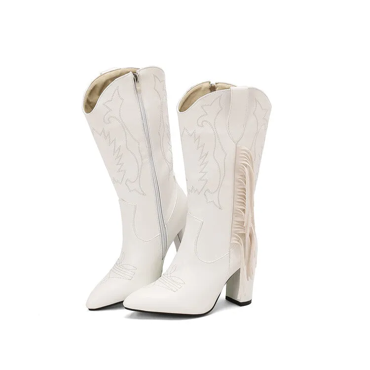 Women's Tassel Pointed Toe Block Heel Mid Calf Western Boots