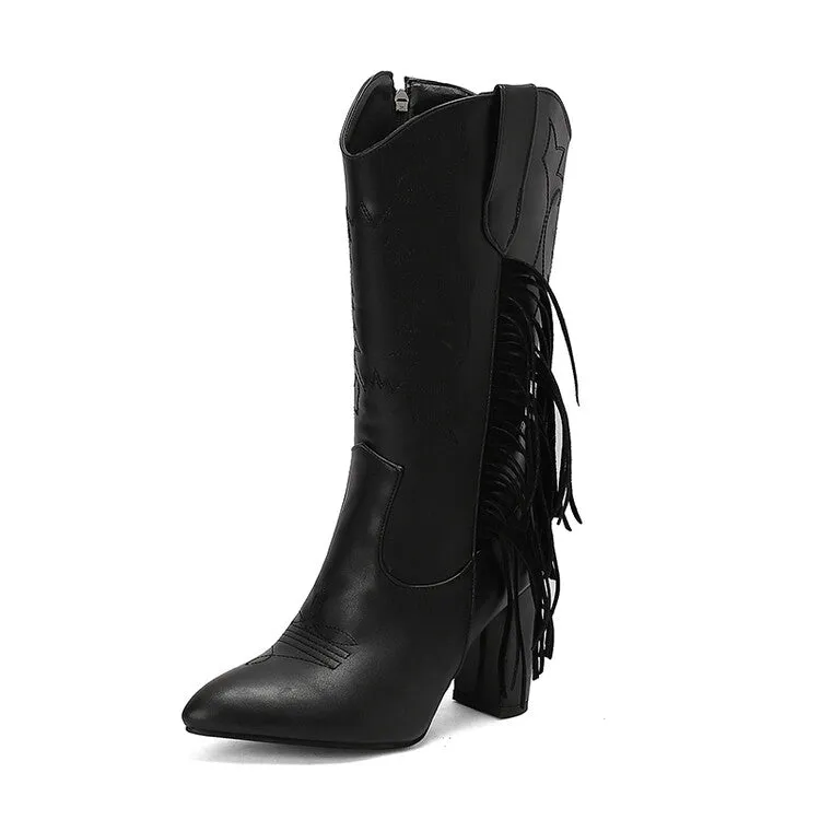 Women's Tassel Pointed Toe Block Heel Mid Calf Western Boots