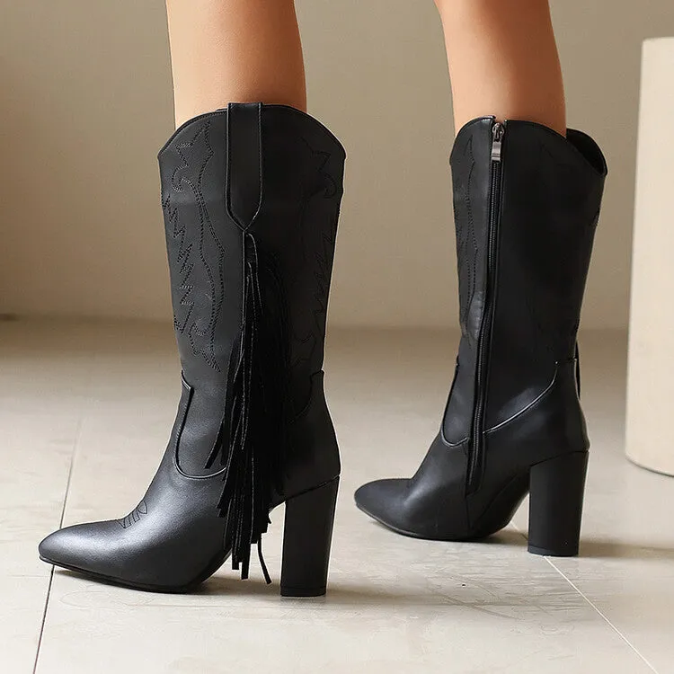 Women's Tassel Pointed Toe Block Heel Mid Calf Western Boots