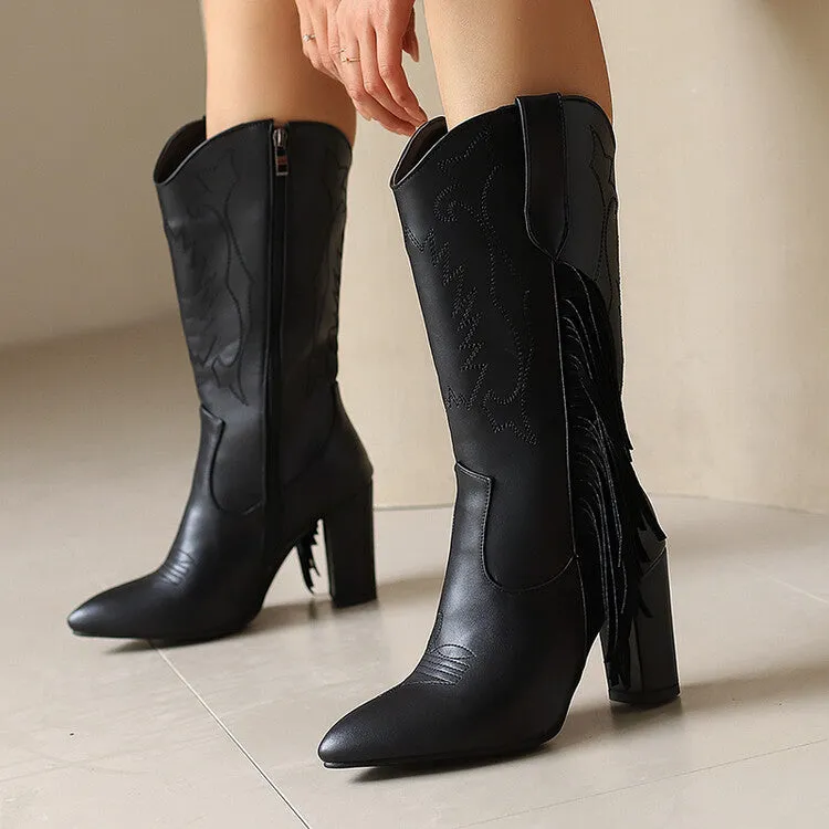 Women's Tassel Pointed Toe Block Heel Mid Calf Western Boots