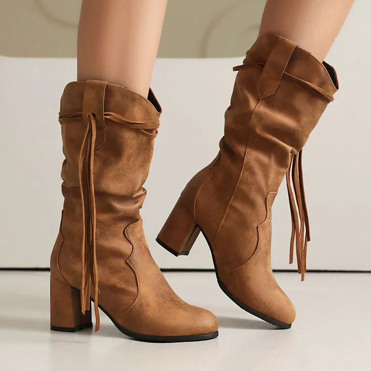 Women's Tassel Round Toe Mid Calf Western Boots