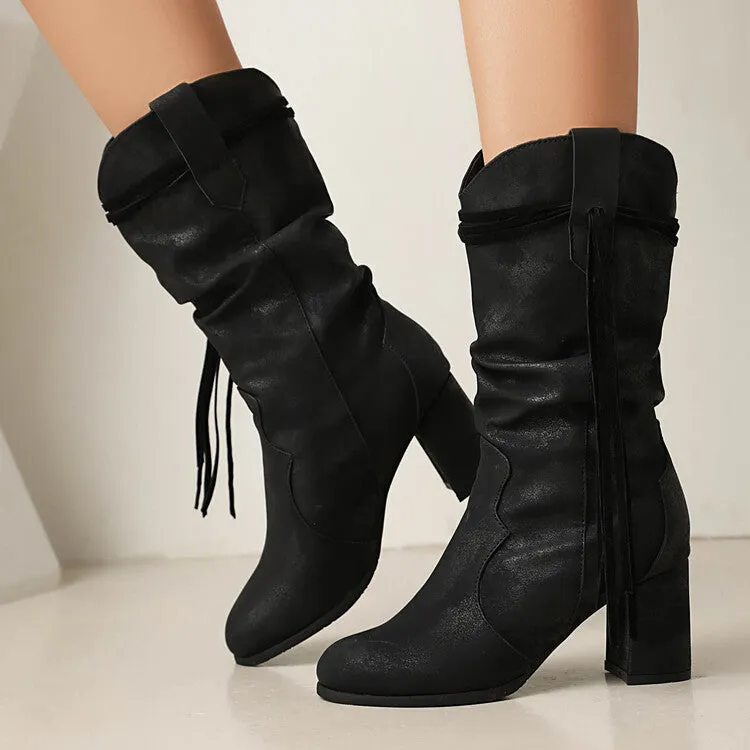 Women's Tassel Round Toe Mid Calf Western Boots
