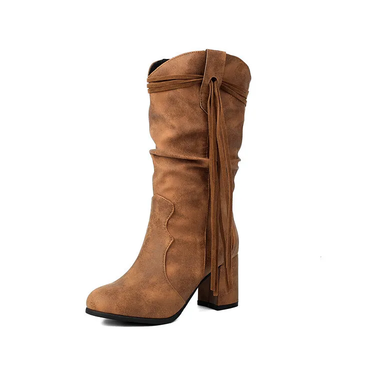 Women's Tassel Round Toe Mid Calf Western Boots