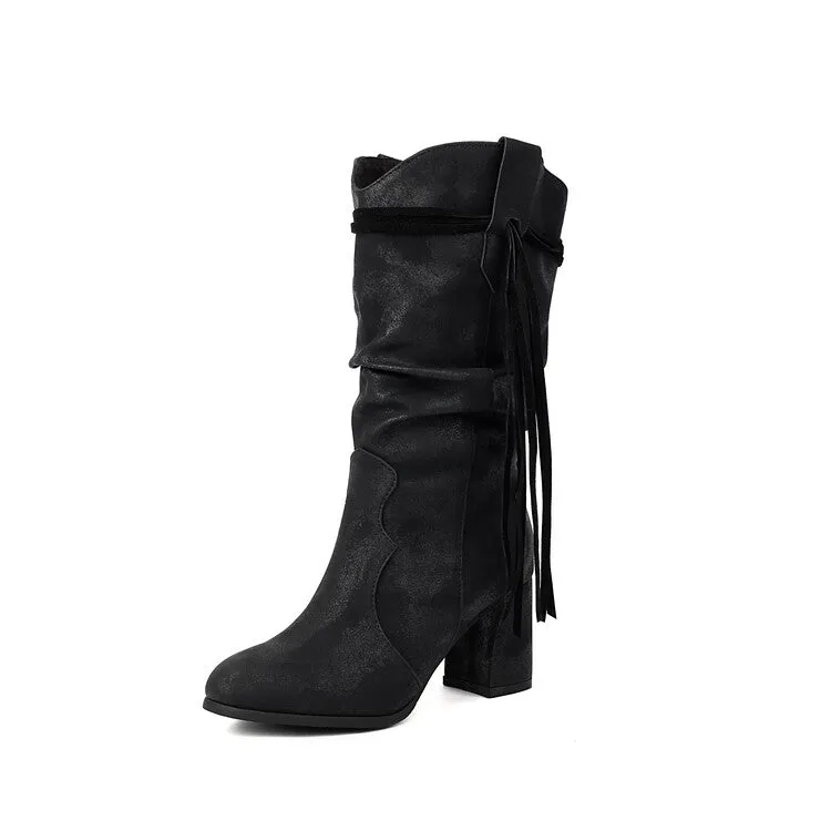 Women's Tassel Round Toe Mid Calf Western Boots