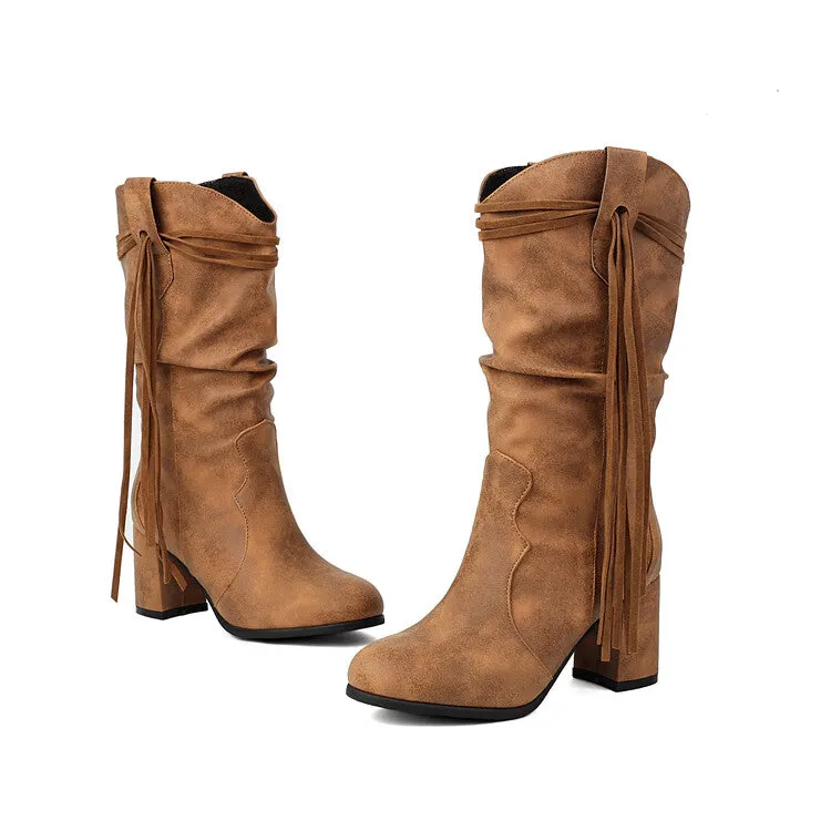 Women's Tassel Round Toe Mid Calf Western Boots