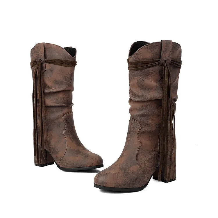 Women's Tassel Round Toe Mid Calf Western Boots