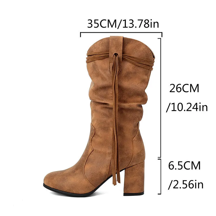 Women's Tassel Round Toe Mid Calf Western Boots