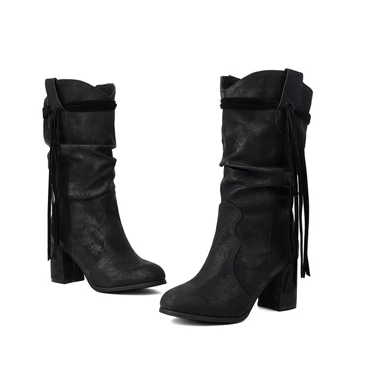 Women's Tassel Round Toe Mid Calf Western Boots