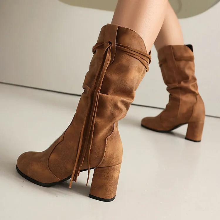 Women's Tassel Round Toe Mid Calf Western Boots