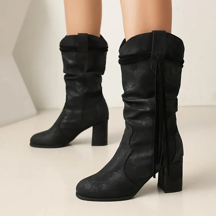 Women's Tassel Round Toe Mid Calf Western Boots