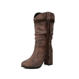 Women's Tassel Round Toe Mid Calf Western Boots