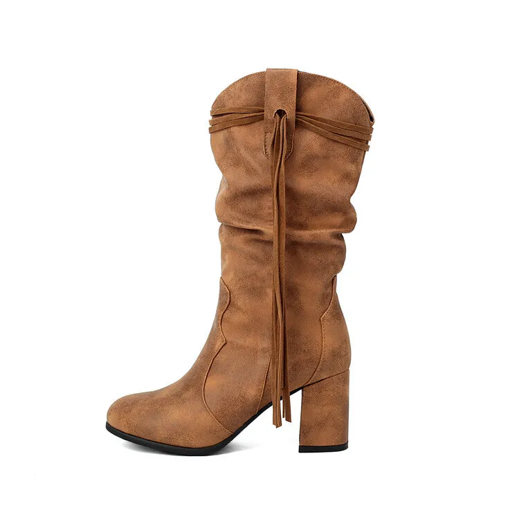 Women's Tassel Round Toe Mid Calf Western Boots